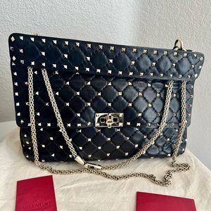 LARGE Valentino Garavani Lambskin Rockstud Spike Bag / Black *AUTHENTIC*